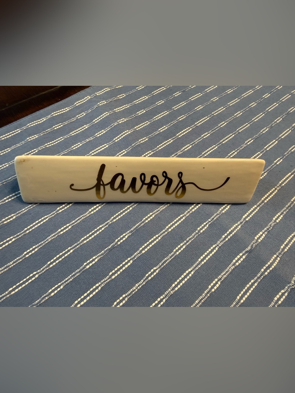 White Ceramic 'Favors' Table Sign with Gold Script Accent